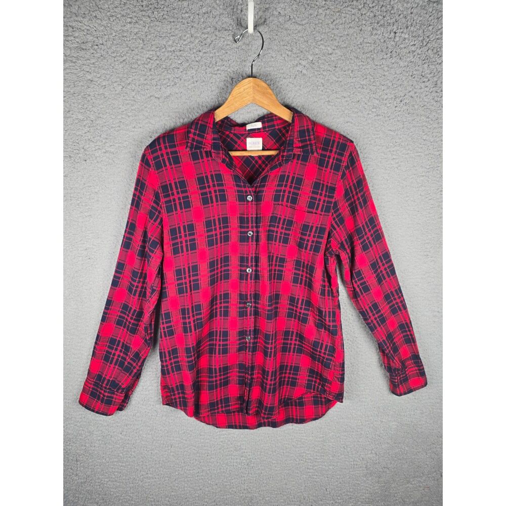 J Crew Boy Fit Plaid Flannel Button Down Shirt Red Navy Medium Preppy Cotton
